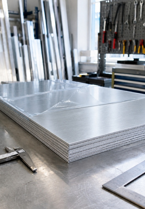 Silber eloxiertes Aluminiumblech auf Tisch in Werkstatt